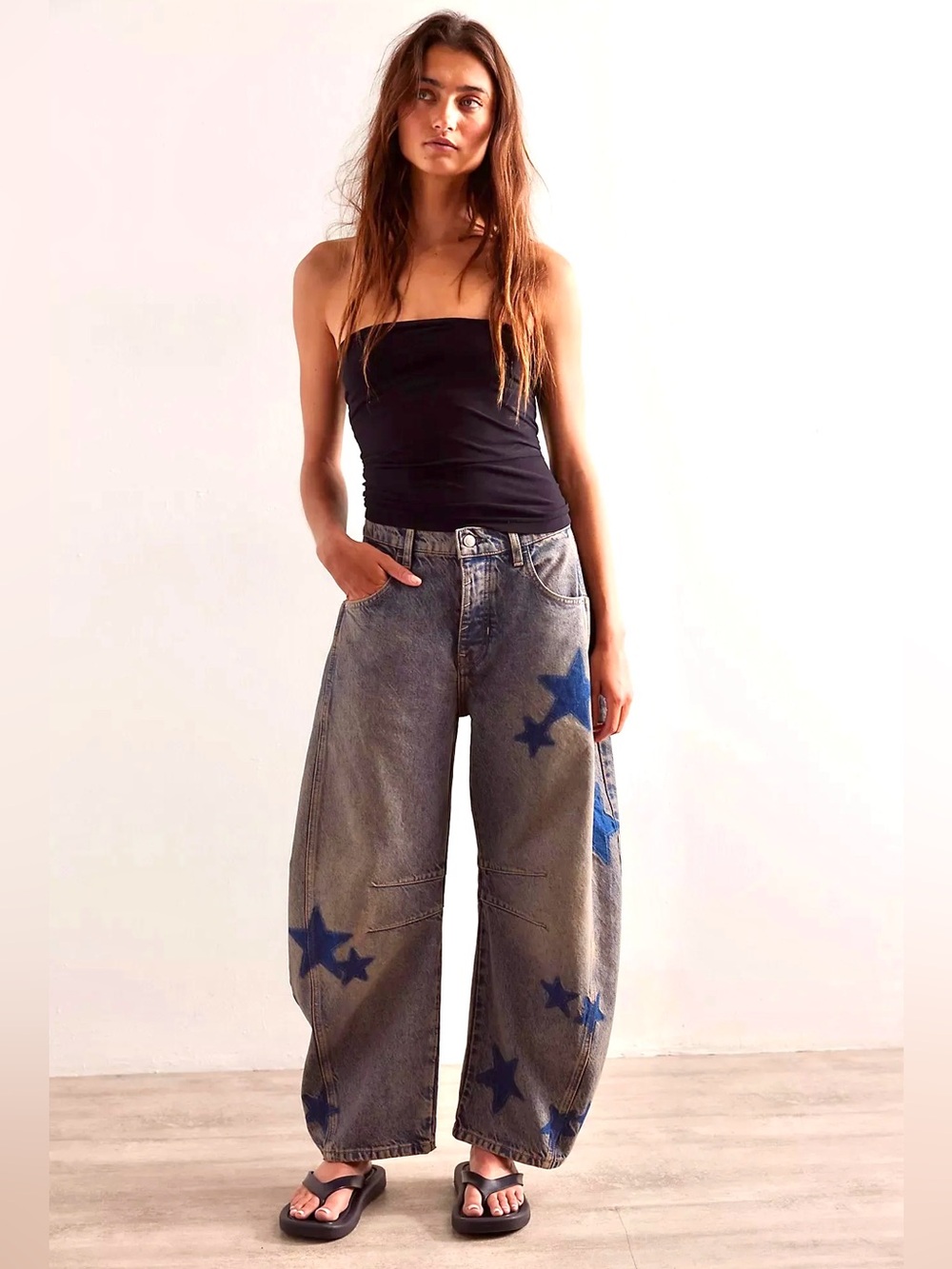 NEW Free People x WTF Good Luck Shadow Patch Barrel Jeans -Dark Wash w/ Stars ⭐️ - Picture 3 of 16